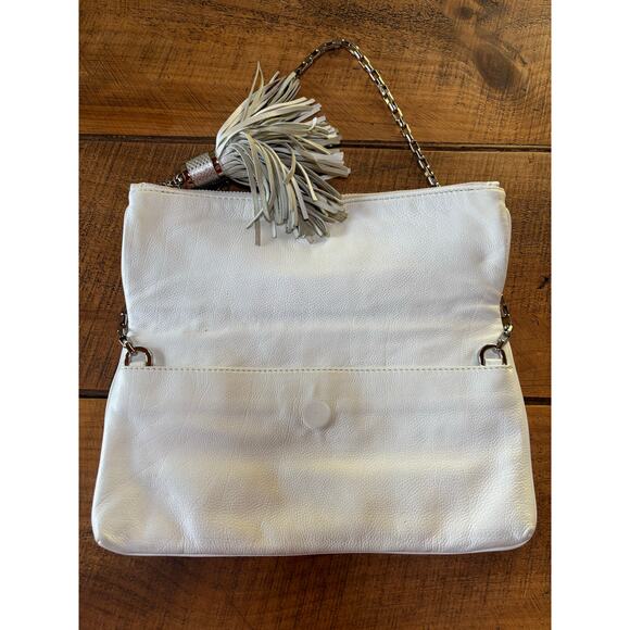 Michael Kors White Pebbled Leather Fold Over Clutch Shoulder Bag Tassel - Picture 6 of 14